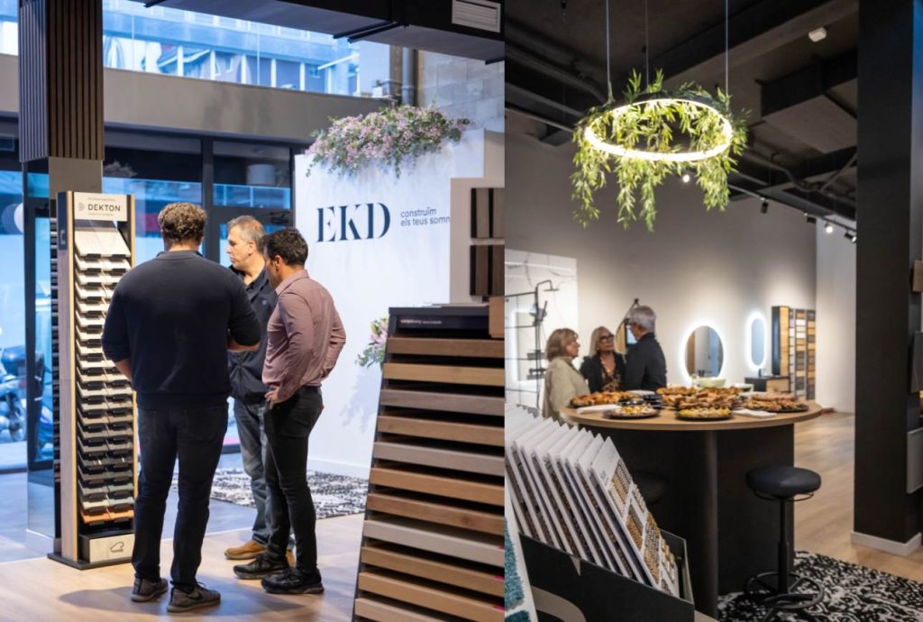 Personnes échangeant devant le showroom EKD lors de l’inauguration en Andorre